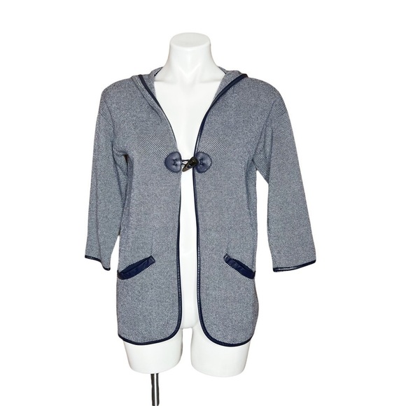 Chicos Hooded Toggle Cardigan Navy Trim Knit Three Quarter Sleeve Size 0 - Picture 2 of 5